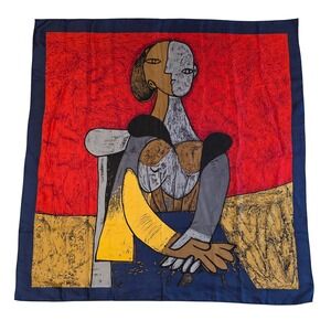 Vintage Picasso Cubist Art Scarf Large Square Red Yellow Blue Abstract Portrait